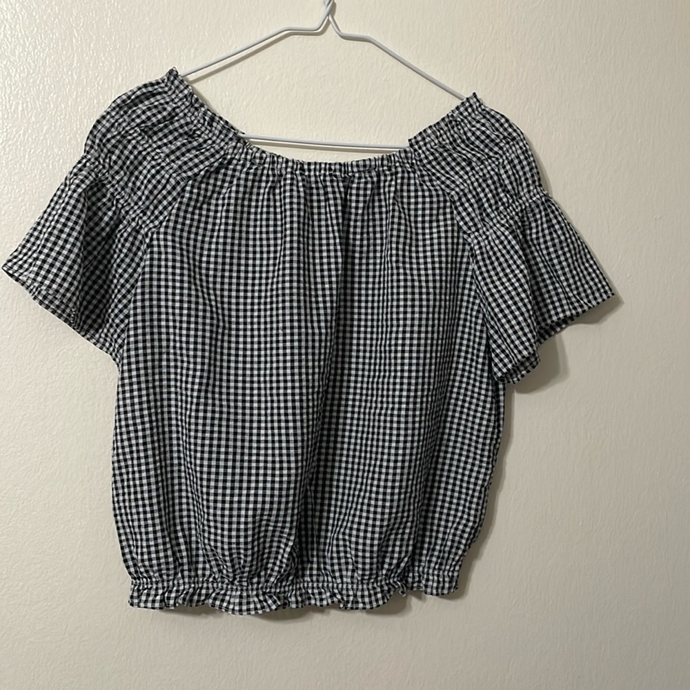 Women Black And White Plaid Crop Top Cold Shoulder Brand Size L